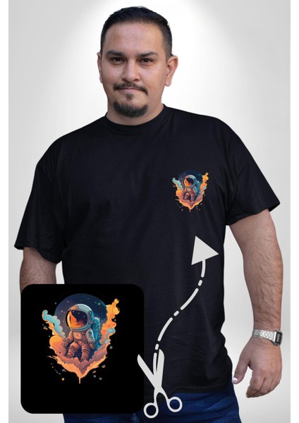 Bulutlar Astronot Uzay Siyah Büyük Beden Kadın Basic Minimal Baskılı Tişört