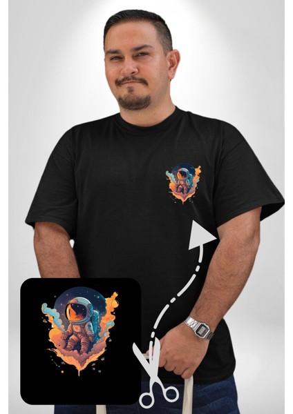 Bulutlar Astronot Uzay Siyah Büyük Beden Kadın Basic Minimal Baskılı Tişört fiyatları