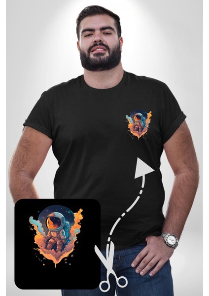 Bulutlar Astronot Uzay Siyah Büyük Beden Kadın Basic Minimal Baskılı Tişört modelleri