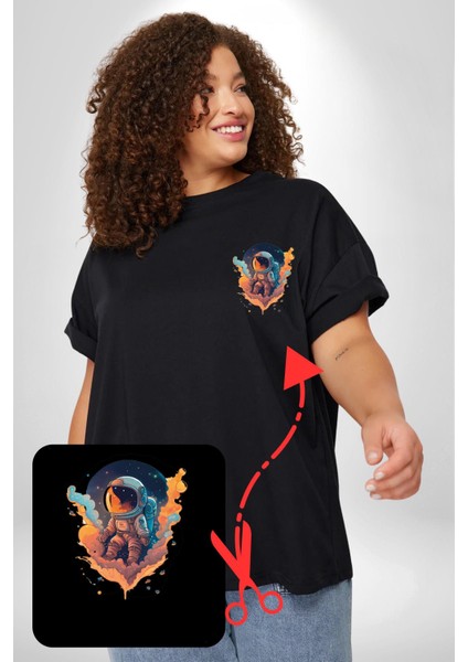 Bulutlar Astronot Uzay Siyah Büyük Beden Kadın Basic Minimal Baskılı Tişört fırsatları