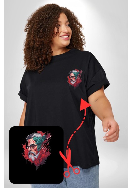 Santa Cool Gözlüklü Siyah Büyük Beden Kadın Basic Minimal Baskılı Tişört modelleri