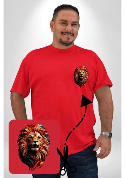 Renkli Kaplan Kükrüyor Kırmızı Büyük Beden Kadın Basic Minimal Baskılı Tişört