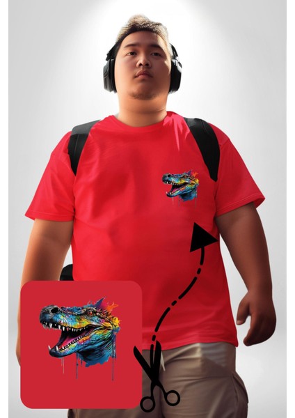 Timsah Renkli Kafası Kırmızı Büyük Beden Kadın Basic Minimal Baskılı Tişört