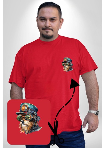 Tren Sürücüsü Gözlüklü Yorkshire Kırmızı Büyük Beden Kadın Basic Minimal Baskılı Tişört