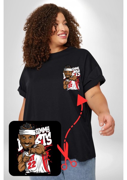 Jimmy Butler Basketbol Siyah Büyük Beden Kadın Basic Minimal Baskılı Tişört