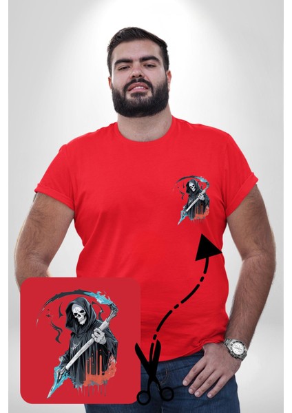 Azrail Ölüm Tanrısı Iskelet Kırmızı Büyük Beden Kadın Basic Minimal Baskılı Tişört modelleri