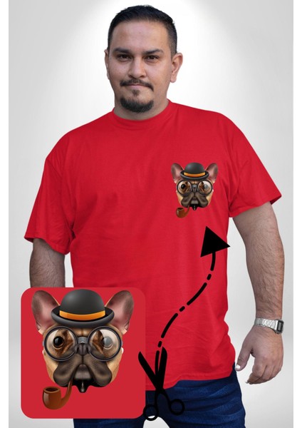 Köpek Pug Gözlüklü Kırmızı Büyük Beden Kadın Basic Minimal Baskılı Tişört