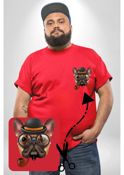 Köpek Pug Gözlüklü Kırmızı Büyük Beden Kadın Basic Minimal Baskılı Tişört modelleri