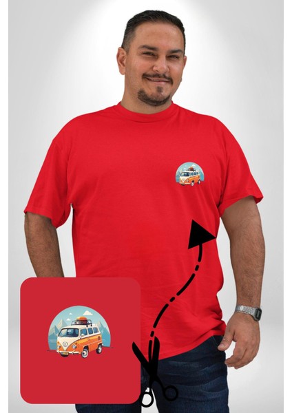 Wolkswagen Karavan Kış Gezisi Kırmızı Büyük Beden Kadın Basic Minimal Baskılı Tişört
