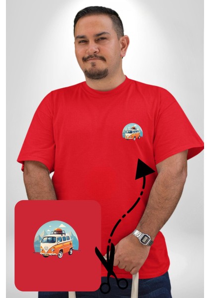 Wolkswagen Karavan Kış Gezisi Kırmızı Büyük Beden Kadın Basic Minimal Baskılı Tişört modelleri