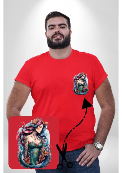 Deniz Kızı Çiçek Kırmızı Büyük Beden Kadın Basic Minimal Baskılı Tişört