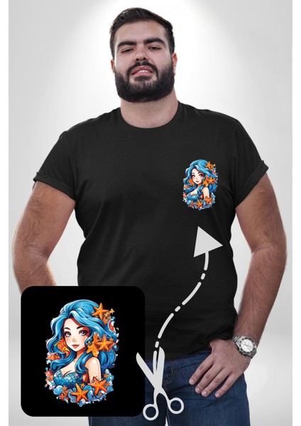 Deniz Kızı Deniz Yıldızı Mavi Saçlı Siyah Büyük Beden Kadın Basic Minimal Baskılı Tişört