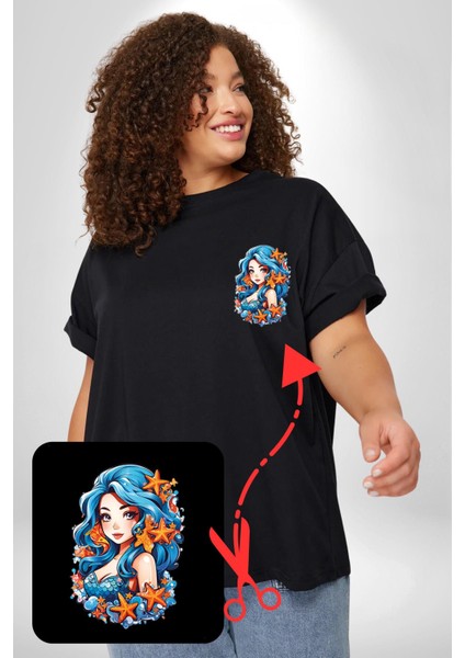 Deniz Kızı Deniz Yıldızı Mavi Saçlı Siyah Büyük Beden Kadın Basic Minimal Baskılı Tişört fiyatları