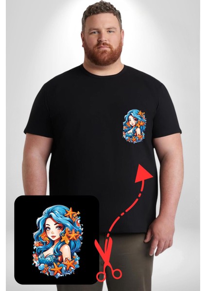 Deniz Kızı Deniz Yıldızı Mavi Saçlı Siyah Büyük Beden Kadın Basic Minimal Baskılı Tişört modelleri