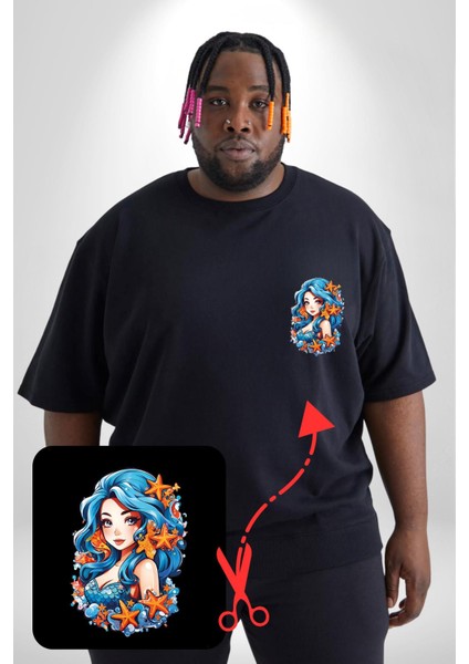 Deniz Kızı Deniz Yıldızı Mavi Saçlı Siyah Büyük Beden Kadın Basic Minimal Baskılı Tişört fırsatları