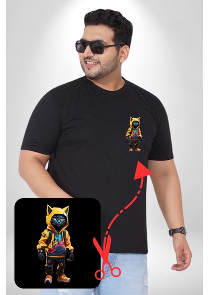 Spor Eşofman Takımı Sarı Kedi Insan Siyah Büyük Beden Kadın Basic Minimal Baskılı Tişört