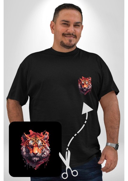 Kaplan Kafası Siyah Büyük Beden Kadın Basic Minimal Baskılı Tişört