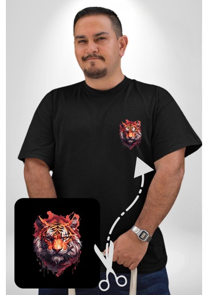 Kaplan Kafası Siyah Büyük Beden Kadın Basic Minimal Baskılı Tişört modelleri