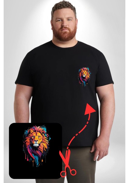 Renkli Yağlı Boya Aslan Siyah Büyük Beden Kadın Basic Minimal Baskılı Tişört