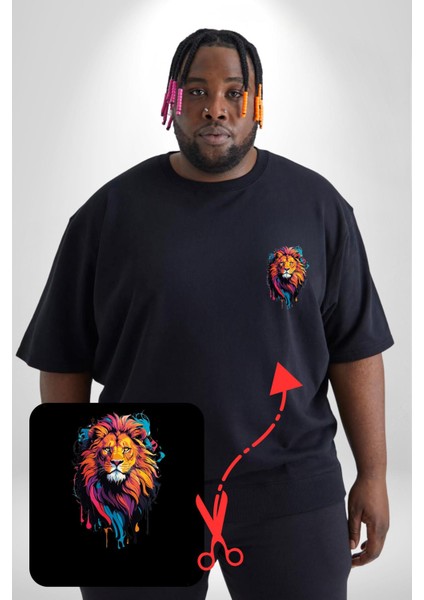Renkli Yağlı Boya Aslan Siyah Büyük Beden Kadın Basic Minimal Baskılı Tişört fiyatları