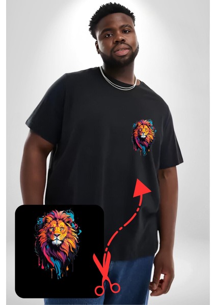 Renkli Yağlı Boya Aslan Siyah Büyük Beden Kadın Basic Minimal Baskılı Tişört modelleri