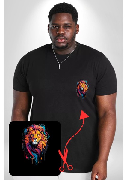 Renkli Yağlı Boya Aslan Siyah Büyük Beden Kadın Basic Minimal Baskılı Tişört fırsatları