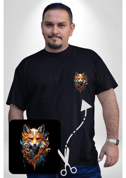 Renkli Sulu Boya Kurt Yapay Zeka Tasarımı Siyah Büyük Beden Kadın Basic Minimal Baskılı Tişört modelleri