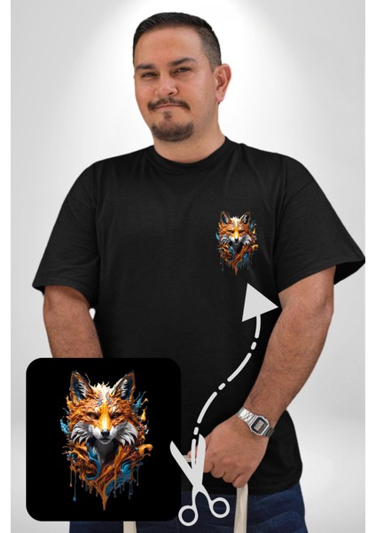 Renkli Sulu Boya Kurt Yapay Zeka Tasarımı Siyah Büyük Beden Kadın Basic Minimal Baskılı Tişört fırsatları