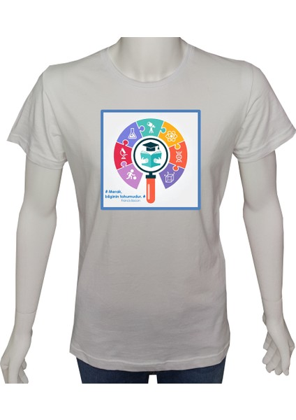 Unisex T-Shirt Beyaz 'bilim Kulübü / Merak Bilginin Tohumudur' Baskılı L