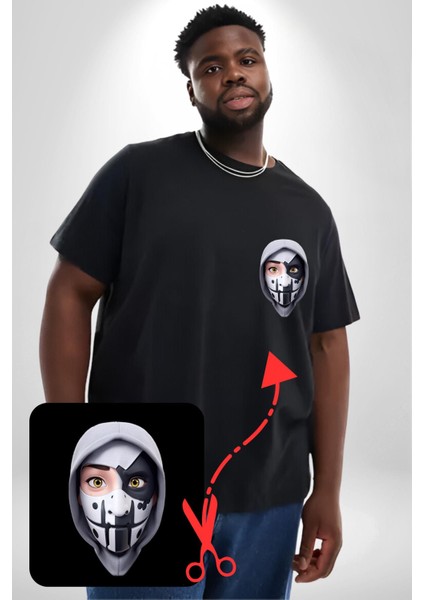 Maske Takan Kahraman Kafası Siyah Büyük Beden Kadın Basic Minimal Baskılı Tişört