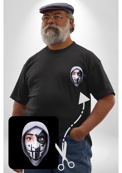 Maske Takan Kahraman Kafası Siyah Büyük Beden Kadın Basic Minimal Baskılı Tişört modelleri