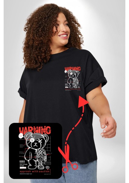 Uyarı Dikkatli Yaklaş Siyah Büyük Beden Kadın Basic Minimal Baskılı Tişört