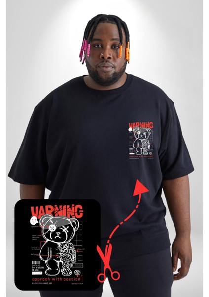 Uyarı Dikkatli Yaklaş Siyah Büyük Beden Kadın Basic Minimal Baskılı Tişört modelleri