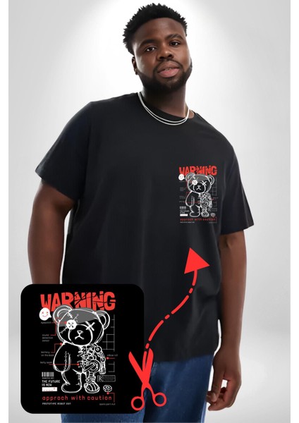 Uyarı Dikkatli Yaklaş Siyah Büyük Beden Kadın Basic Minimal Baskılı Tişört fırsatları