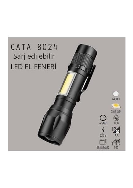 Cata CT-8024 Police Cep LED USB Şarjlı 3 Fonksiyonlu El Feneri