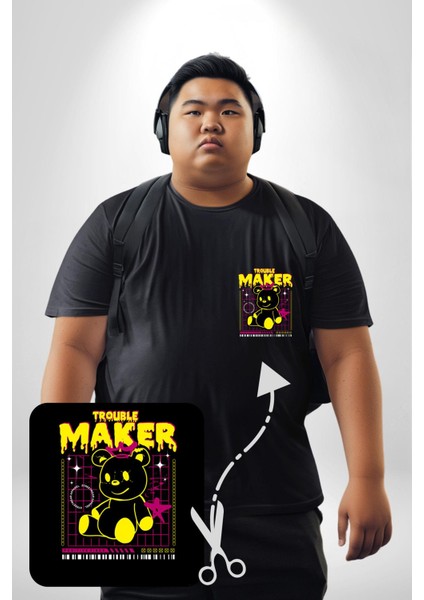 Baş Belası Teddy Siyah Büyük Beden Kadın Basic Minimal Baskılı Tişört