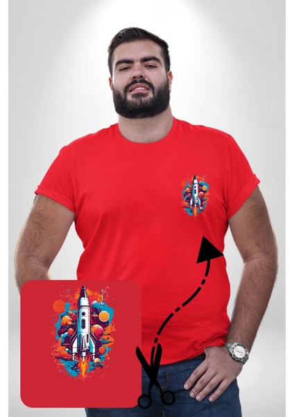 Uzay Aracı Roket Kırmızı Büyük Beden Kadın Basic Minimal Baskılı Tişört