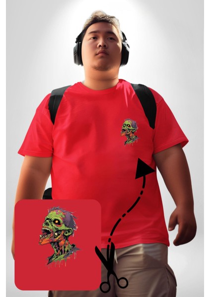 Zombi Kafası Kırmızı Büyük Beden Kadın Basic Minimal Baskılı Tişört