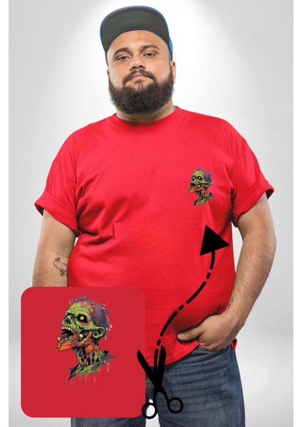 Zombi Kafası Kırmızı Büyük Beden Kadın Basic Minimal Baskılı Tişört fırsatları