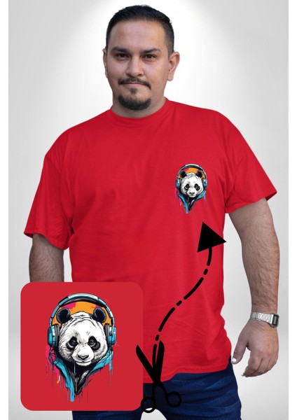 Kulaklık Ayı Panda Kırmızı Büyük Beden Kadın Basic Minimal Baskılı Tişört