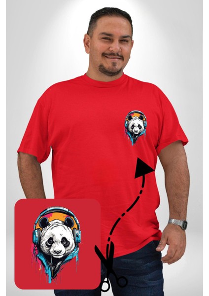 Kulaklık Ayı Panda Kırmızı Büyük Beden Kadın Basic Minimal Baskılı Tişört fiyatları