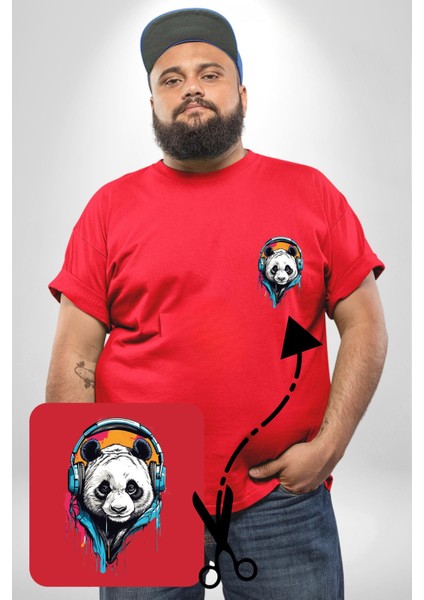 Kulaklık Ayı Panda Kırmızı Büyük Beden Kadın Basic Minimal Baskılı Tişört modelleri