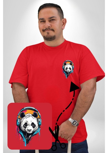 Kulaklık Ayı Panda Kırmızı Büyük Beden Kadın Basic Minimal Baskılı Tişört fırsatları