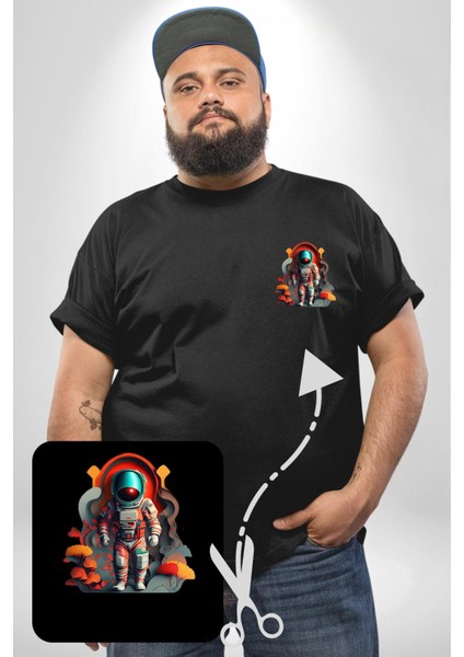 Astronot Yapay Zeka Yürüyüş Siyah Büyük Beden Kadın Basic Minimal Baskılı Tişört