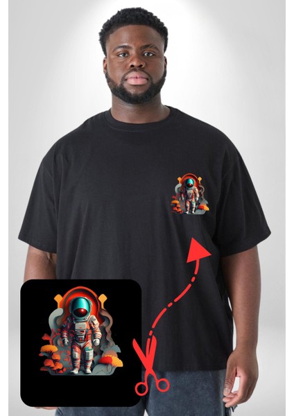 Astronot Yapay Zeka Yürüyüş Siyah Büyük Beden Kadın Basic Minimal Baskılı Tişört modelleri