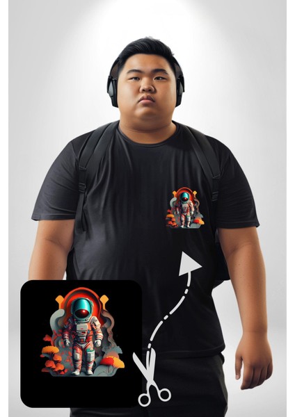 Astronot Yapay Zeka Yürüyüş Siyah Büyük Beden Kadın Basic Minimal Baskılı Tişört fırsatları