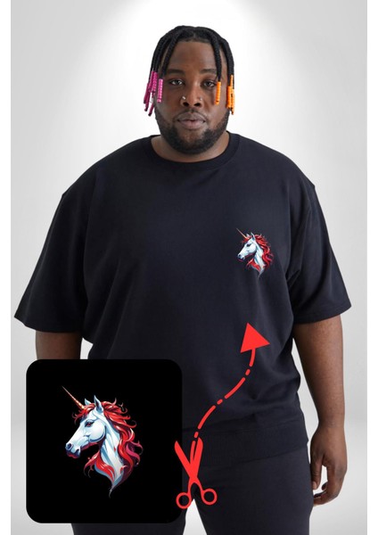 Unicorn Tek Boynuzlu At Siyah Büyük Beden Kadın Basic Minimal Baskılı Tişört