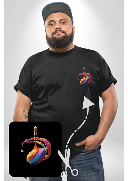 Resim Fırcası Siyah Büyük Beden Kadın Basic Minimal Baskılı Tişört