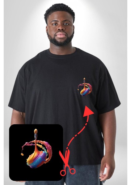 Resim Fırcası Siyah Büyük Beden Kadın Basic Minimal Baskılı Tişört modelleri