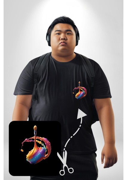 Resim Fırcası Siyah Büyük Beden Kadın Basic Minimal Baskılı Tişört fırsatları